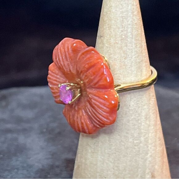 NWT Carved Red Jade & Niassa Ruby Primrose Floral Ring Yellow Gold /Sterling - Picture 6 of 13